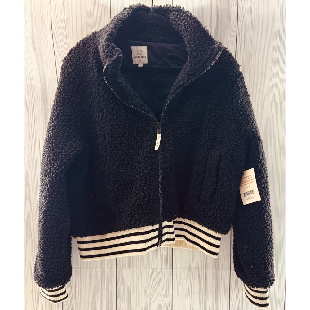 Ivory Ella Black White Sherpa Cropped Bomber Jacket Size XL NEW